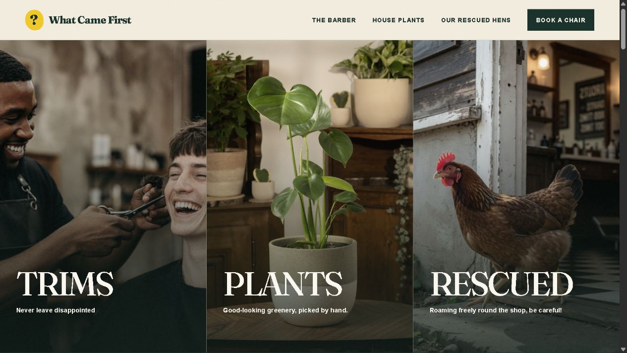 Barbers, plants and hens fictional business website homepage