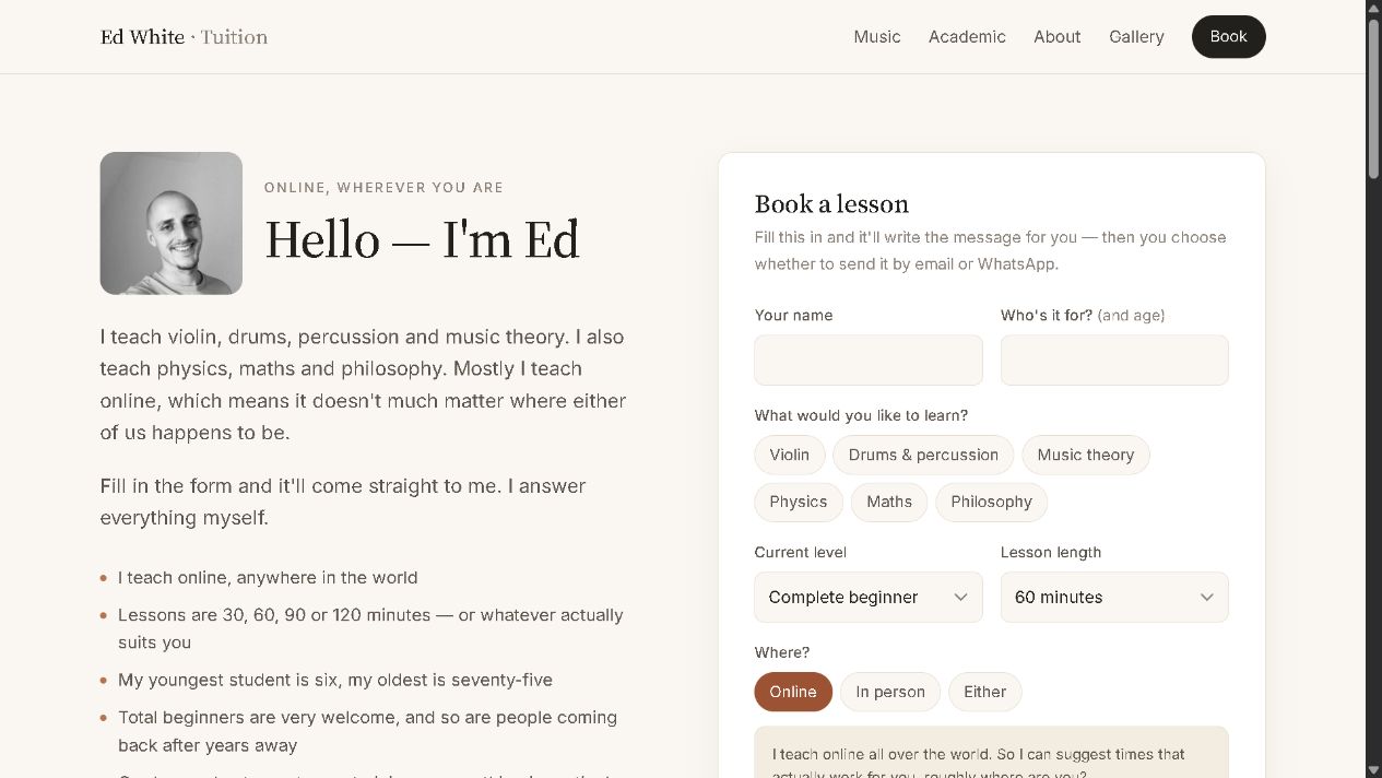 Ed White Tutors homepage with lesson information and booking form